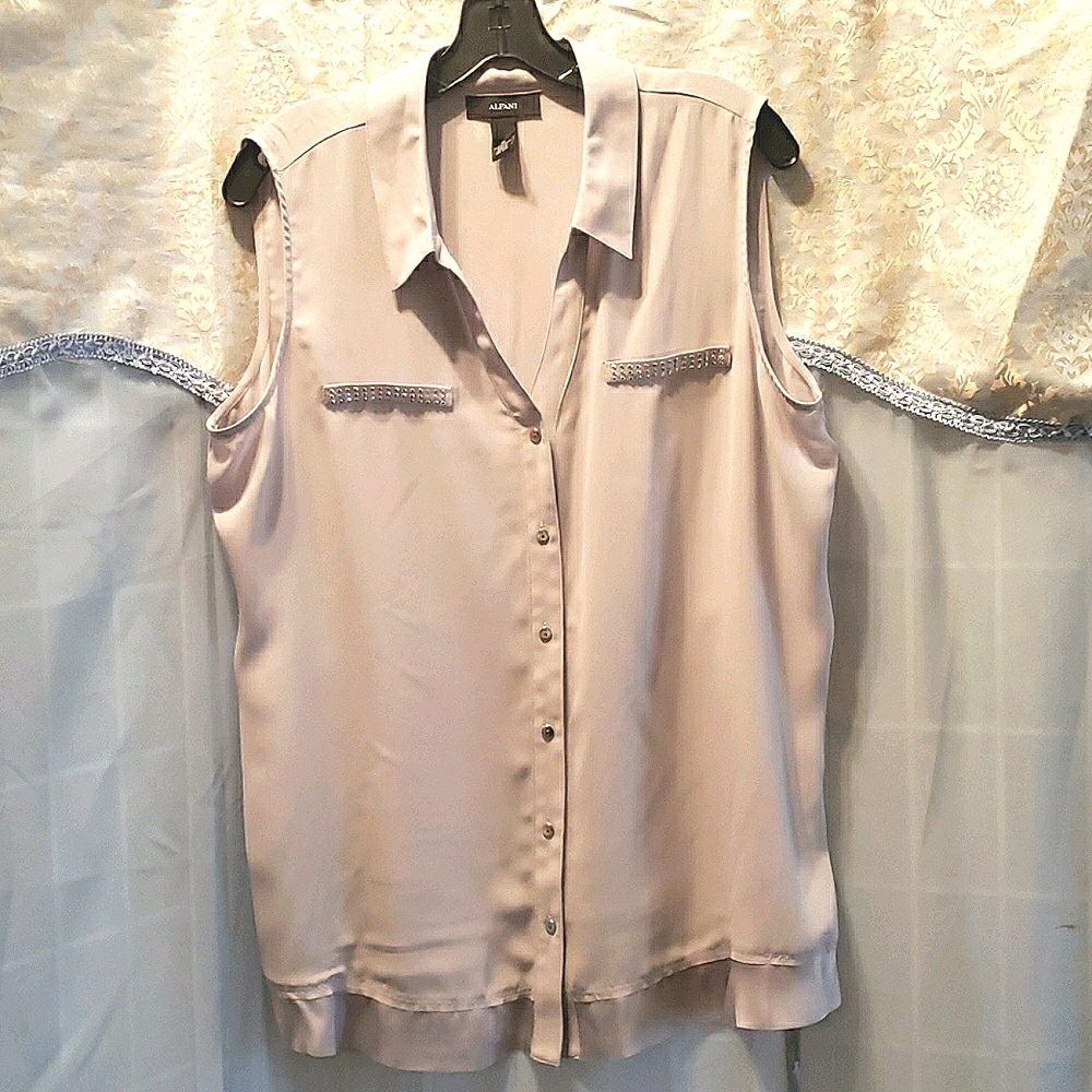 ALFANI GREY RHINESTONE CHIFFON SLEEVELESS TOP SZ 16